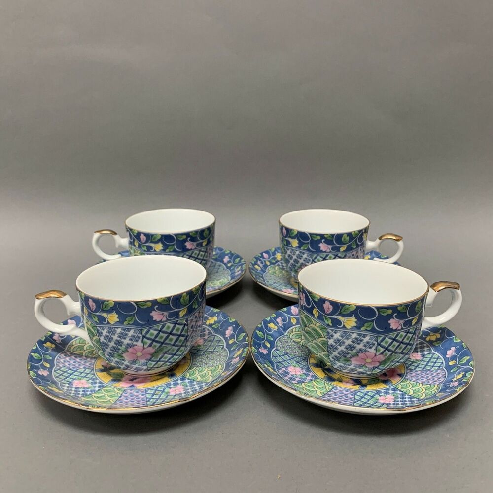 Gump's Botan Cups &‎ Saucers 4 Sets Blue Yellow Pink Multi-color Floral Flowers
